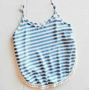 Peach Love California Blue and White Striped Tank Top with Pom Trim